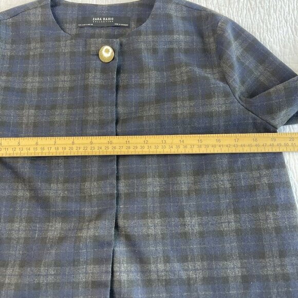 ZARA Basic Plaid Jacket SZ S Modern Crop Ruffle Bell Sleeve Blazer Navy Black - Picture 6 of 10